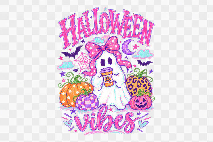 Halloween Vibes Girly Pink Ghost PNG Design example image 1