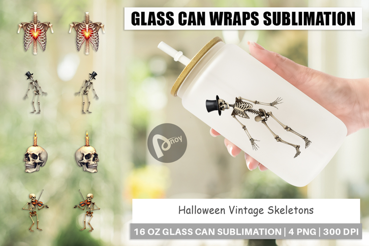 Halloween Vintage Skeletons Glass Can