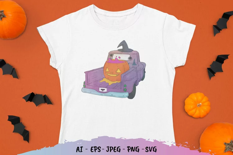 Watercolor Vintage Truck Halloween Design