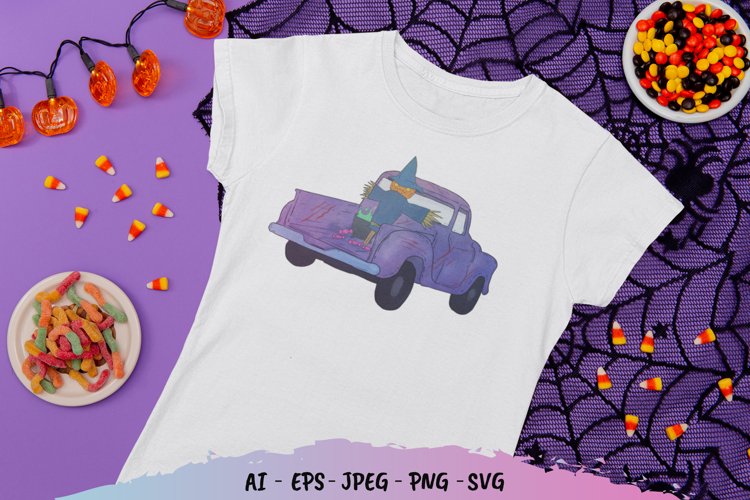 Watercolor Vintage Truck Halloween Design