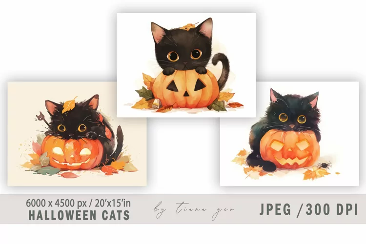 Cute watercolor Halloween cat with pumpkin - 3 jpeg files