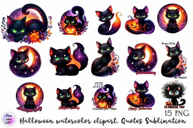 Black cat, Sarcastic halloween Clipart watercolor