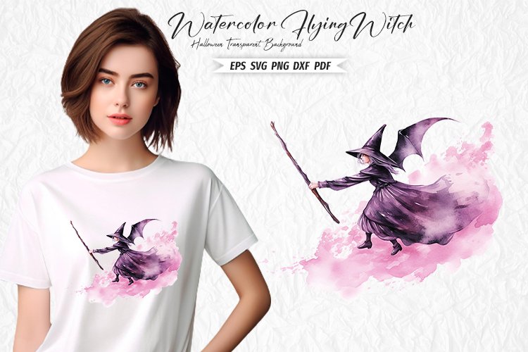 Halloween Watercolor Flying Witch Sublimation Clipart Design