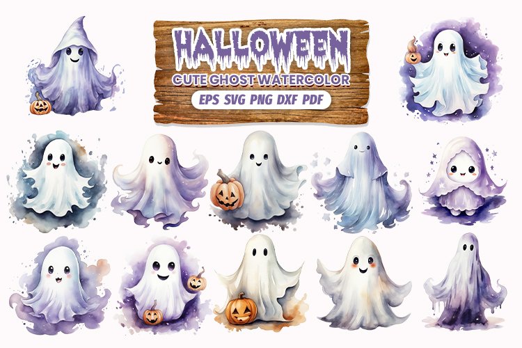 Halloween Watercolor Ghost Sublimation Clipart Design Bundle