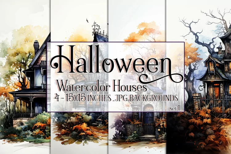 Halloween Backgrounds, 15x15 Watercolor Halloween Houses, s1