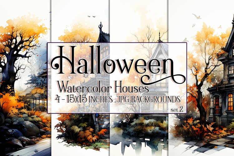 Halloween Backgrounds, 15x15 Watercolor Halloween Houses, s2