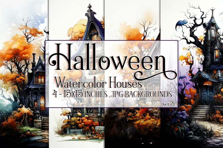 Halloween Backgrounds, 15x15 Watercolor Halloween Houses, s3