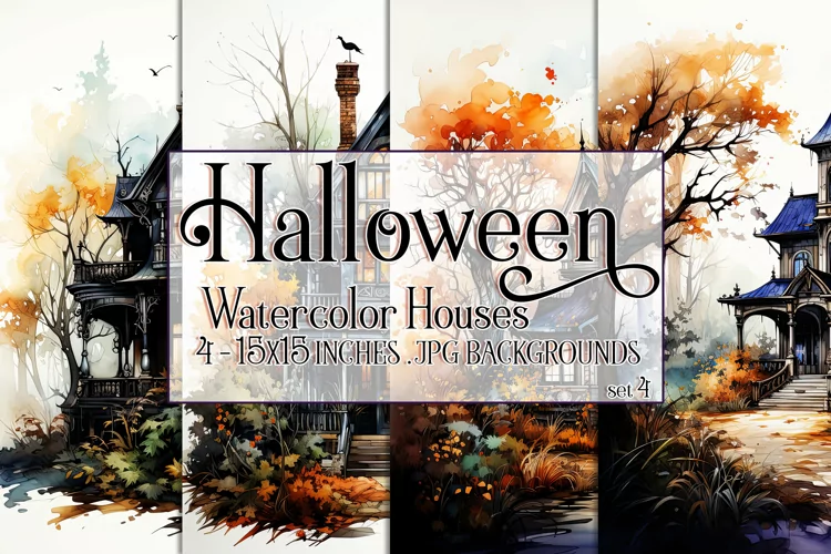 Halloween Backgrounds, 15x15 Watercolor Halloween Houses, s4