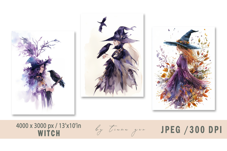 Cute watercolor Halloween witch illustration- 4 jpeg files
