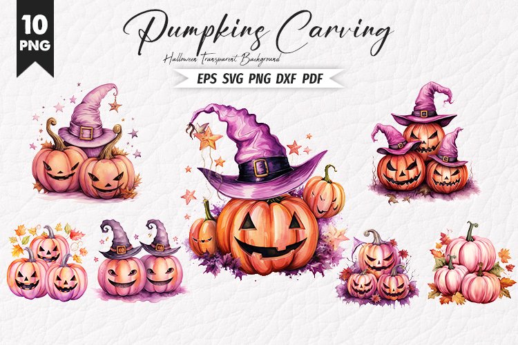 Halloween Watercolor Pumpkin Carving Sublimation Clipart