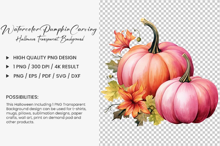 Halloween Watercolor pumpkin carving Sublimation PNG Clipart