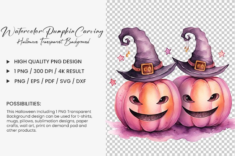 Halloween Watercolor pumpkin carving Sublimation PNG Clipart