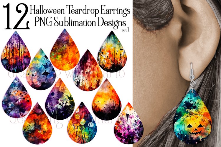 Halloween Teardrop Earrings, Watercolor Halloween Background example image 1