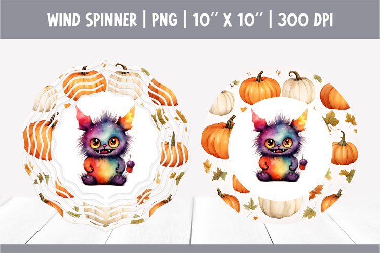 Halloween Watercolor Wind Spinner Sublimation | Cute Monster example image 1