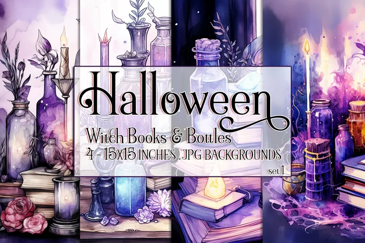 Halloween Background, 15x15 Witch Books and Potion Bottles 1