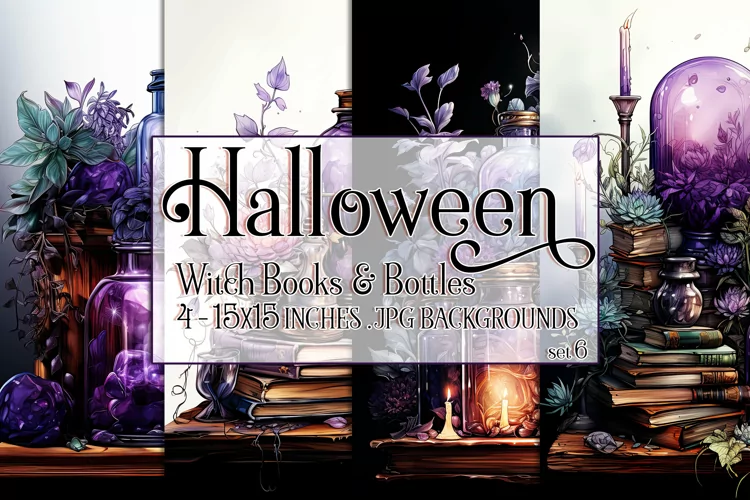 Halloween Background, 15x15 Witch Books and Potion Bottles 6