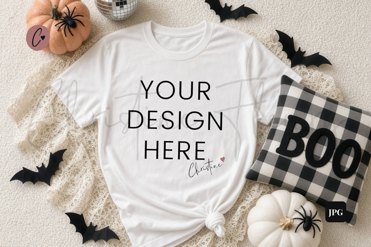 Farmhouse Halloween White Shirt Mockup Flatlay