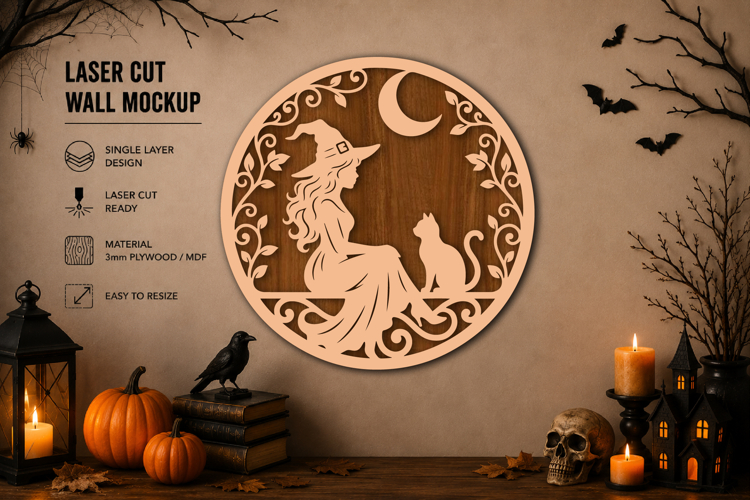 Halloween Witch and Black Cat Laser Cut SVG example image 1