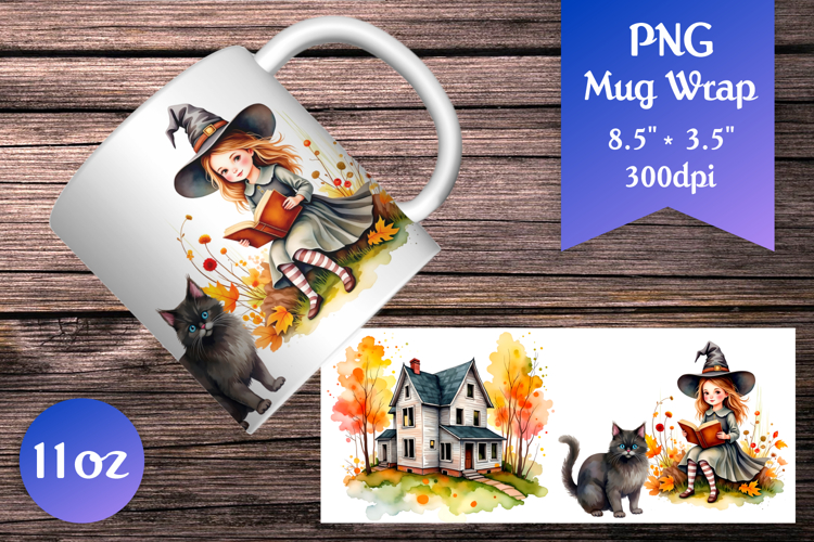 Halloween Witch and Black Cat Mug Wrap | Sublimation design