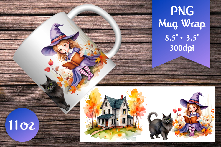 Halloween Witch and Haunted House Mug Wrap | Sublimation