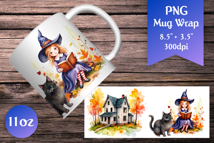 Halloween Witch and Haunted House Mug Wrap | Sublimation