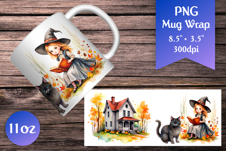 Halloween Witch and Black Cat Mug Wrap | Sublimation design