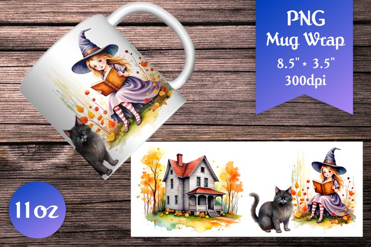 Halloween Witch and Black Cat Mug Wrap | Sublimation design