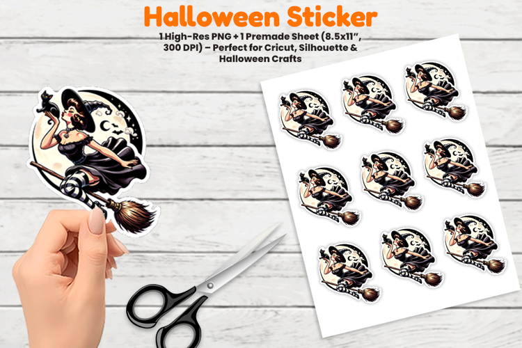Halloween Witch Broom Moon Sticker Sublimation PNG
