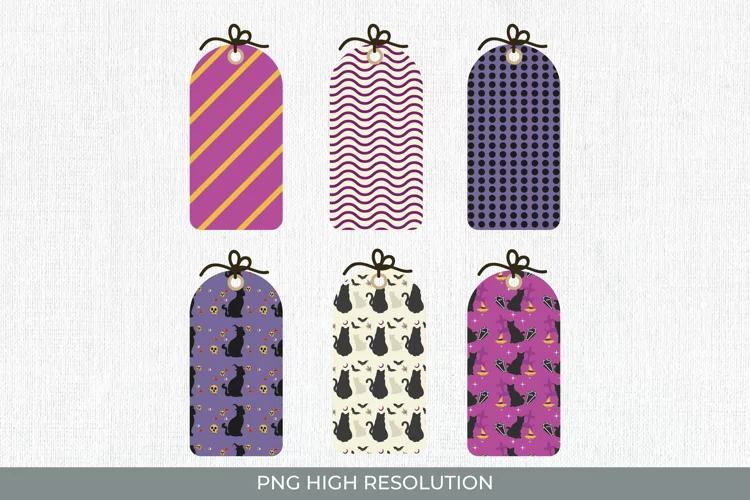 Halloween Witch Cat Patterned Shaped Tags