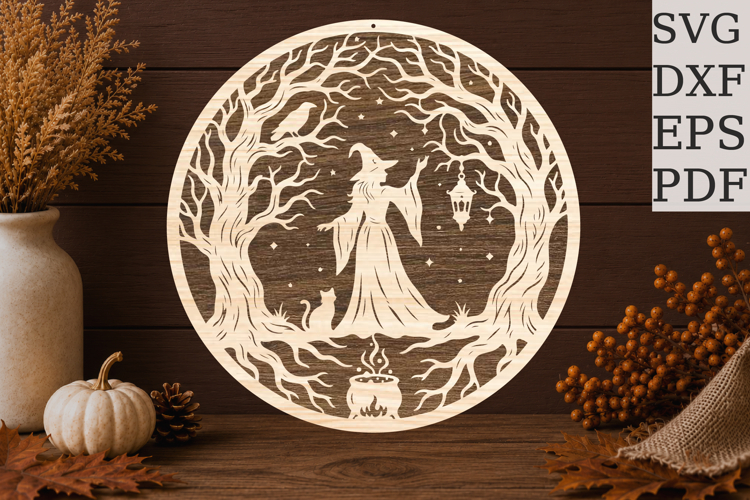 Halloween Witch Cat Round Sign SVG