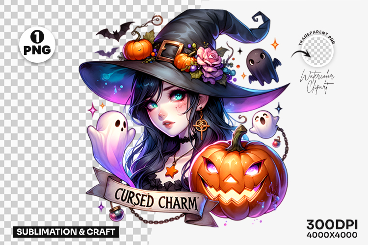Halloween Witch Cursed Charm Clipart PNG, Sublimation Design