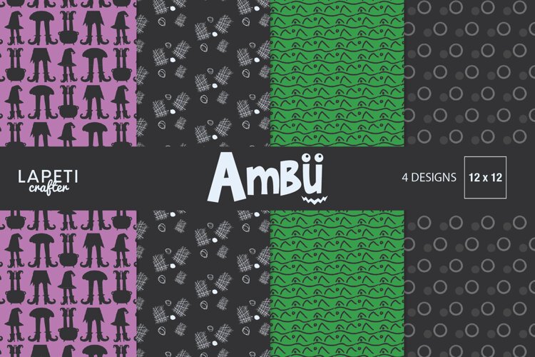 Four Halloween digital papers in purple green black and charcoal with spooky graphic patterns
