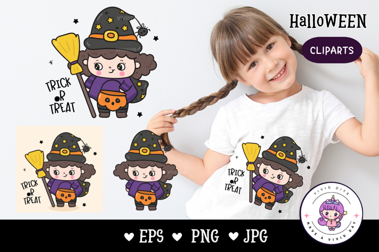 Halloween Witch Cute girl Spooky cartoon kawaii clipart
