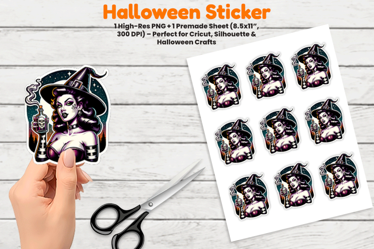 Pinup Witch Drink Sticker, Vintage Gothic PNG, Halloween PNG