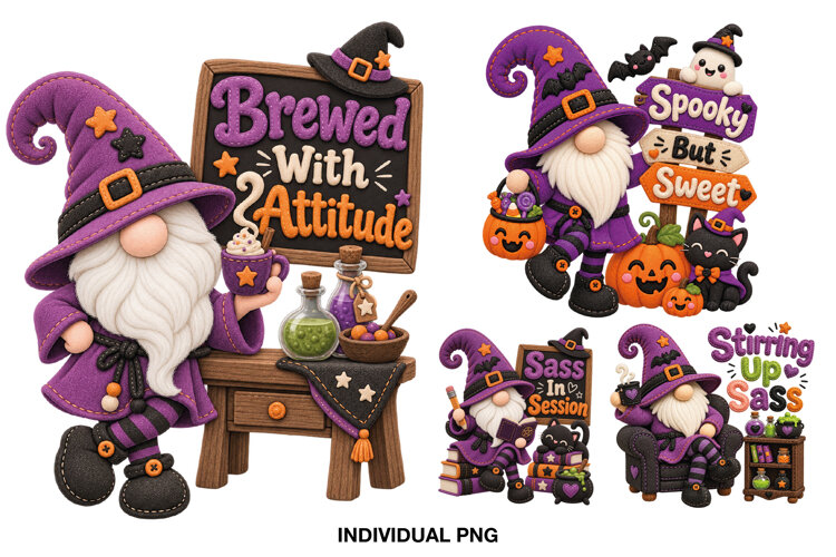 Four purple Halloween witch gnome designs with pumpkins potions cats and funny phrases