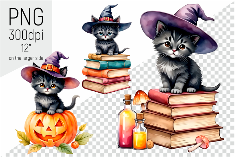 Halloween Witch Kittens Clipart | Watercolor illustrations