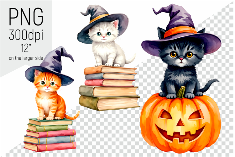 Halloween Witch Kittens Clipart | Watercolor illustrations