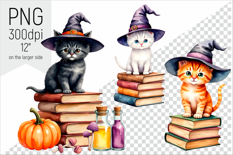 Halloween Witch Kittens Clipart | Watercolor illustrations