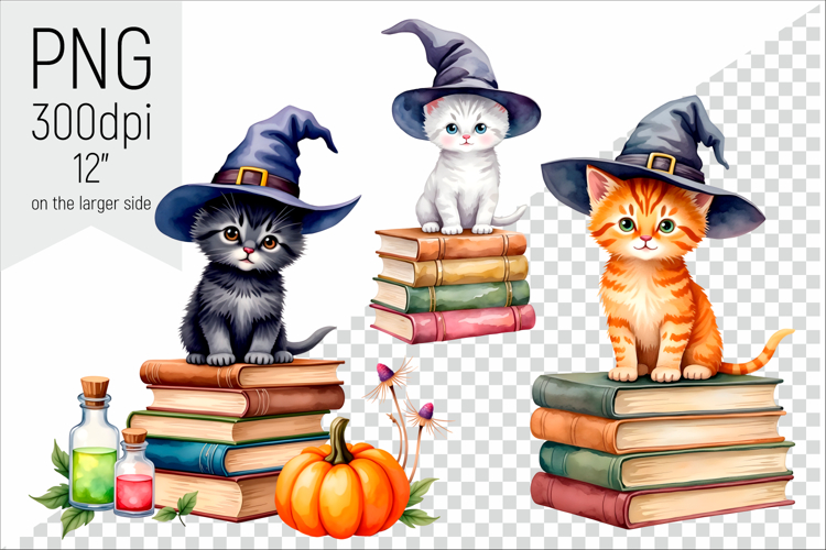Halloween Witch Kittens Clipart | Watercolor illustrations