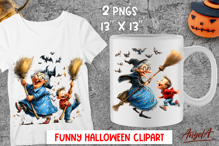 Halloween clipart Cute grandma witch with grandchild png