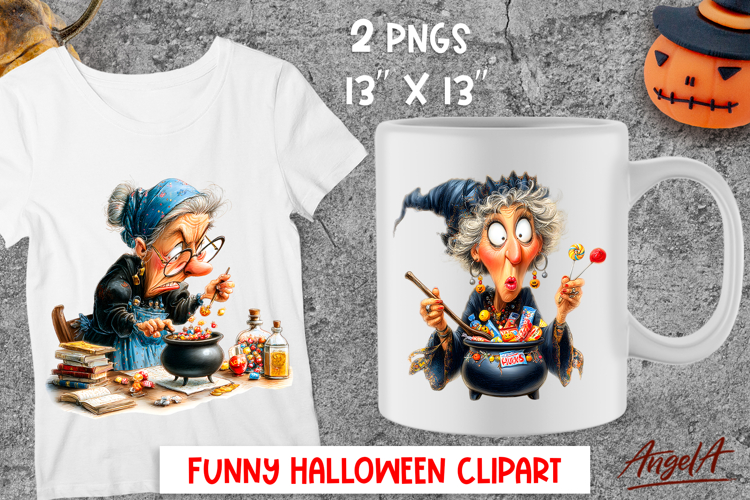 Halloween clipart Elderly lady witch with cauldron sweets