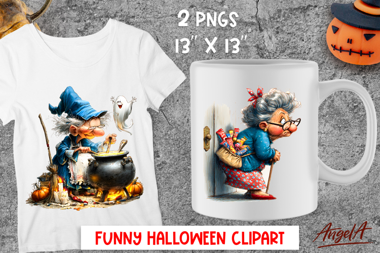 Halloween clipart Elderly lady witch with cauldron, sweets