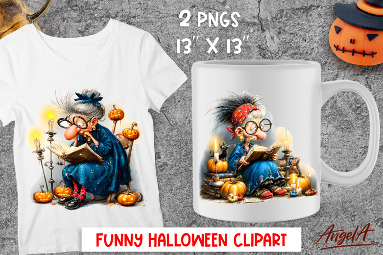 Halloween clipart Elderly lady Cute grandma reading book PNG