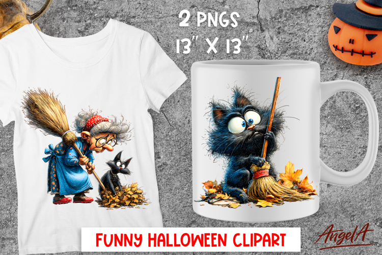 Halloween clipart Cute elderly lady Black cat Autumn leaves