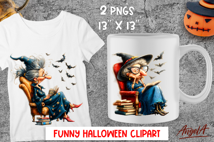 Halloween clipart Elderly cute witch with witch hat reading