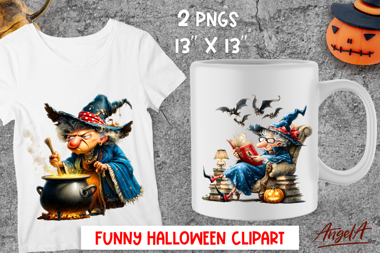 Halloween clipart Elderly cute witch reading book Cauldron