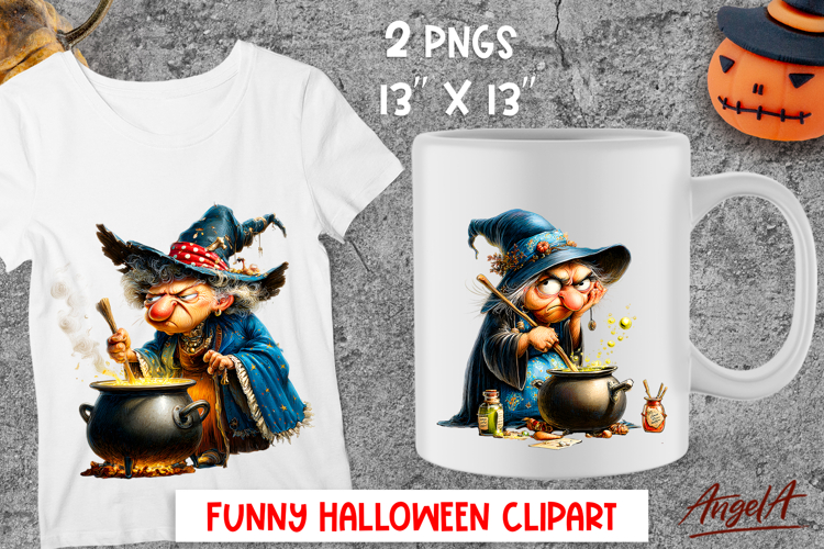 Halloween clipart Elderly cute witch cooking in cauldron png