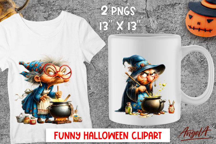 Halloween clipart Elderly cute witch cooking in cauldron png