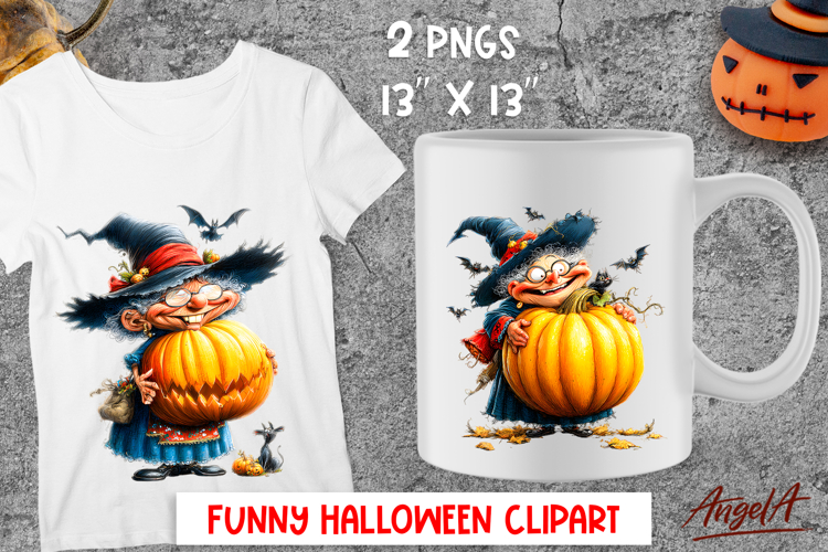 Halloween clipart Elderly cute witch with hat and pumpkins