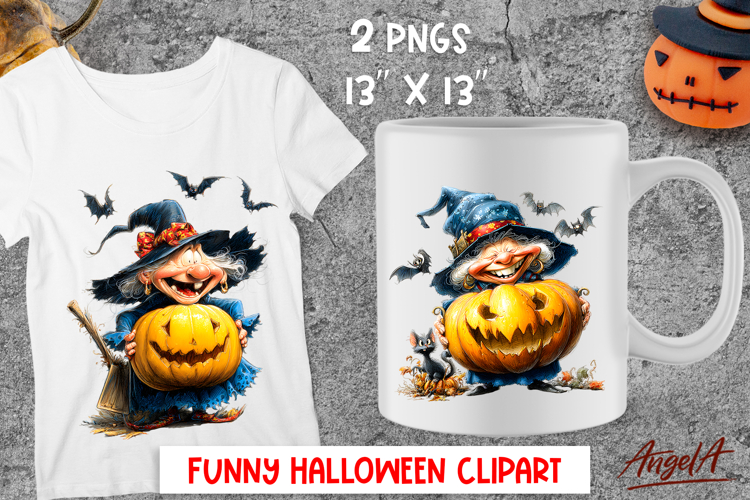 Halloween clipart Elderly cute witch holding a pumpkin PNG